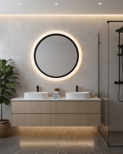 Oglindă rotundă cu LED H-2022, ramă acril + aluminiu negru, 3 nuanțe de lumină, anti-aburire, senzor infraroșu & comutator tactil