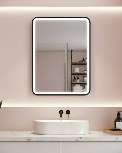 Oglindă LED H-1110 cu ramă aluminiu negru și funcție anti-aburire