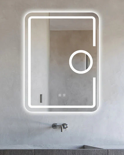 Oglindă baie LED 60x80 cm dreptunghiulară cu lupă cosmetică, 3 nuanțe de lumină, dezaburire și touch control J-1041