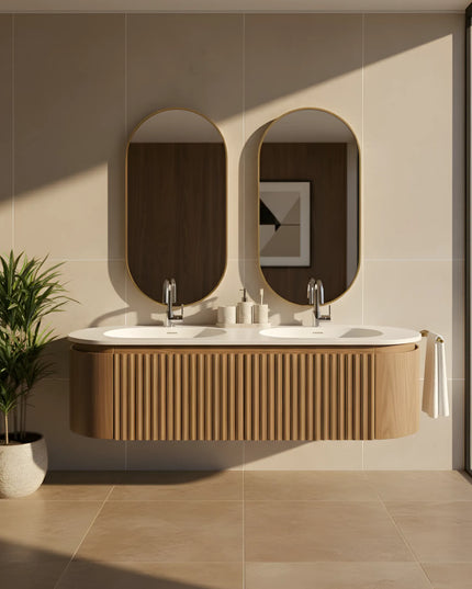 Set Mobilier Baie Dublu din Lemn cu Două Lavoare & Oglinzi LED – Design Premium