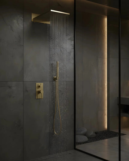 Set duș încastrat 2 funcții – finisaj auriu periat, design modern din alamă solidă