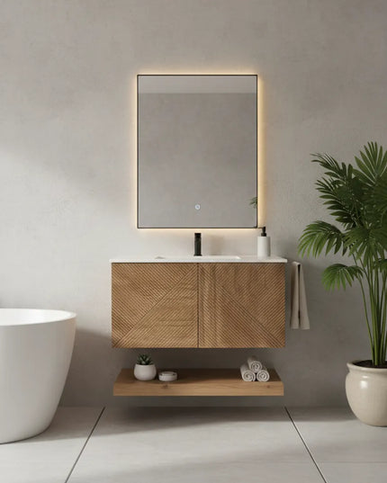 Set Mobilier Baie din Lemn cu Design Geometric & Oglindă LED – Model Premium