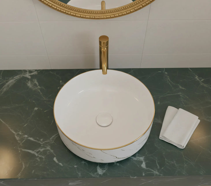 Lavoar rotund ceramic A524B-KG268 – alb marmorat cu accente aurii