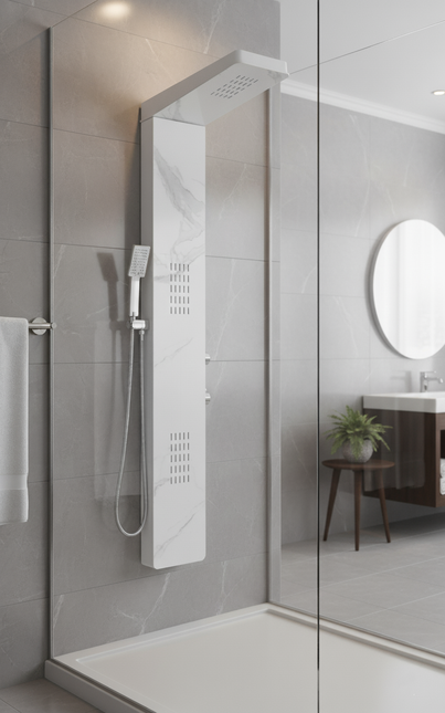 Panel de Duș Marble White – Design Modern cu Duș Fix, Hidromasaj și Duș de Mână