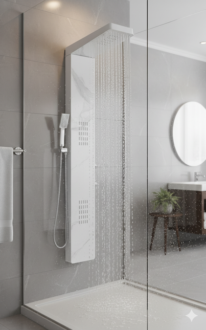 Panel de Duș Marble White – Design Modern cu Duș Fix, Hidromasaj și Duș de Mână