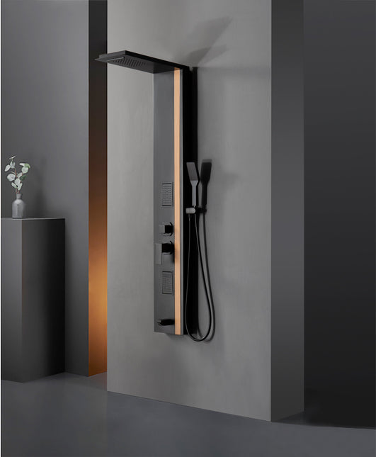 Panel de Duș Black & Bamboo – Design Modern cu Duș Fix, Hidromasaj și Duș de Mână
