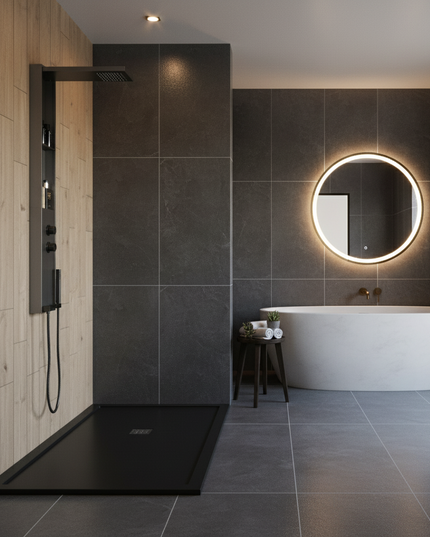 Panel de Duș Gun Metal – Design Minimalist cu Duș Fix, Rafturi Integrate și Duș de Mână