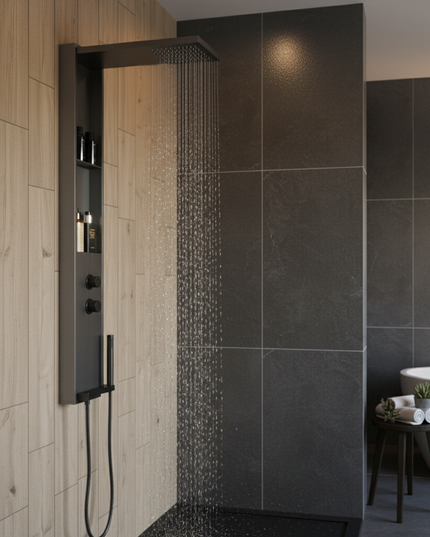 Panel de Duș Gun Metal – Design Minimalist cu Duș Fix, Rafturi Integrate și Duș de Mână