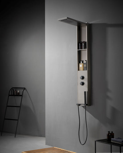 Panel de Duș Gun Metal – Design Minimalist cu Duș Fix, Rafturi Integrate și Duș de Mână