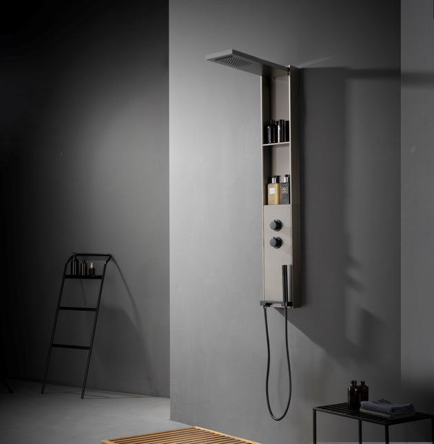 Panel de Duș Gun Metal – Design Minimalist cu Duș Fix, Rafturi Integrate și Duș de Mână