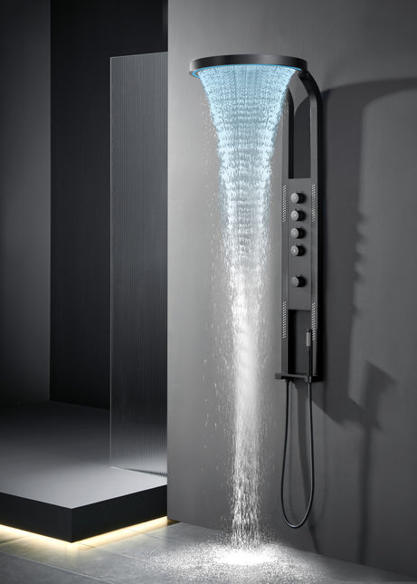 Panel de Duș Black Round LED – Design Modern cu Duș Tip Cascadă și Funcții Premium