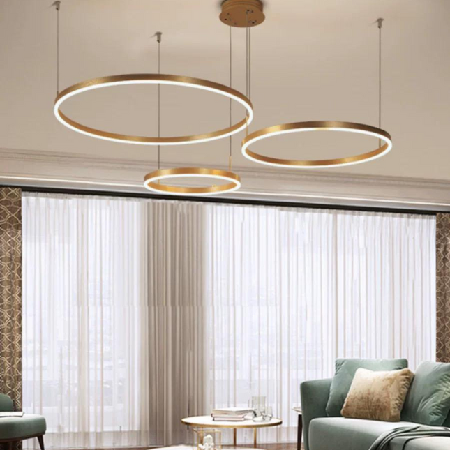 Lustra LED Goldish Rings, suspendata, cu telecomanda,204W, iluminat modern, auriu G3651/30+40+60 GD