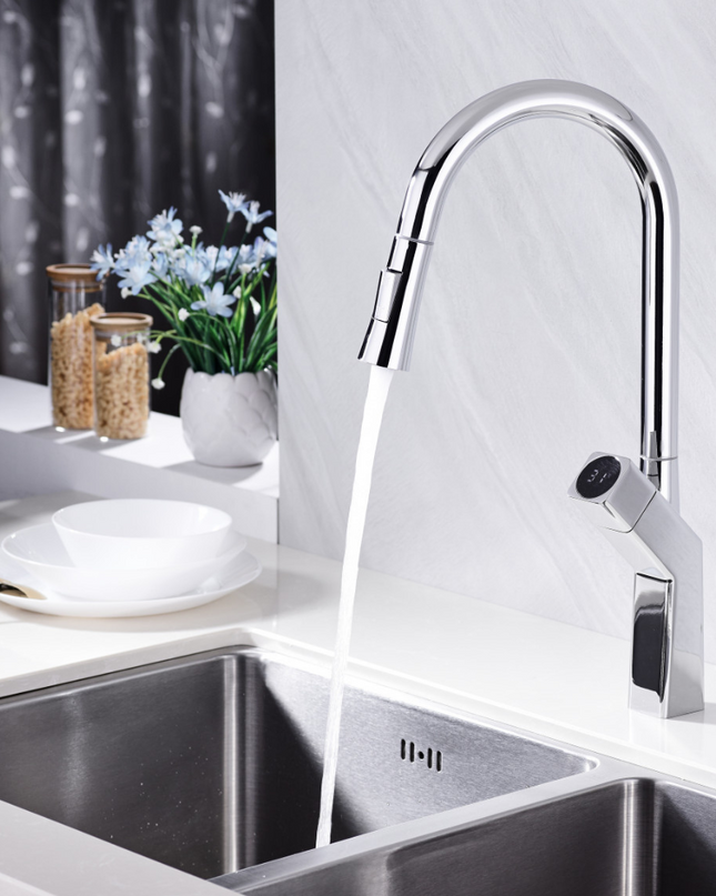 Baterie de bucatarie Clever SMK5017 , design modern, cu afisaj temperatura, crom