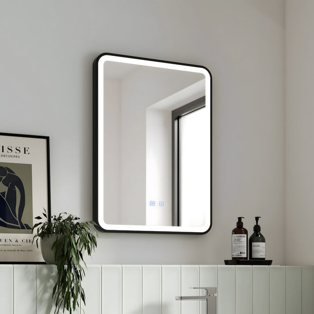 Oglindă LED H-1110 cu ramă aluminiu negru și funcție anti-aburire
