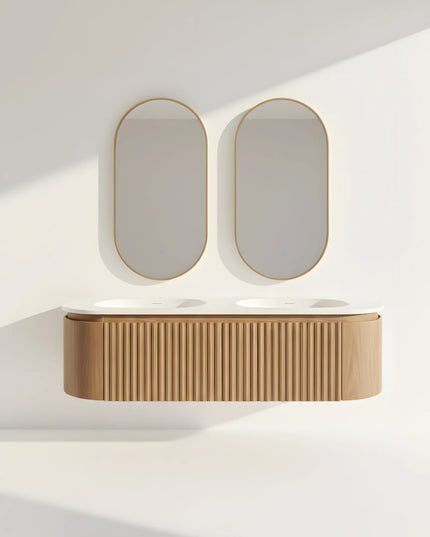 Set Mobilier Baie Dublu din Lemn cu Două Lavoare & Oglinzi LED – Design Premium