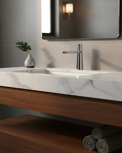 Baterie lavoar crom lucios cu textură fațetată – design contemporan din alamă solidă