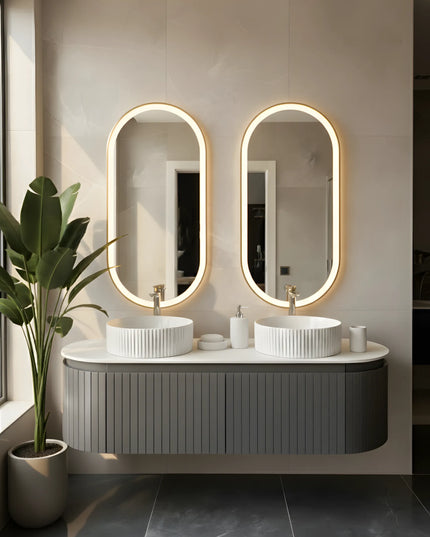 Set Mobilier baie suspendat dublu cu lavoare și oglinzi LED – Design modern, 150 cm