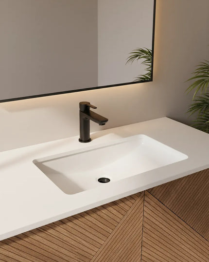 Set Mobilier Baie din Lemn cu Design Geometric & Oglindă LED – Model Premium