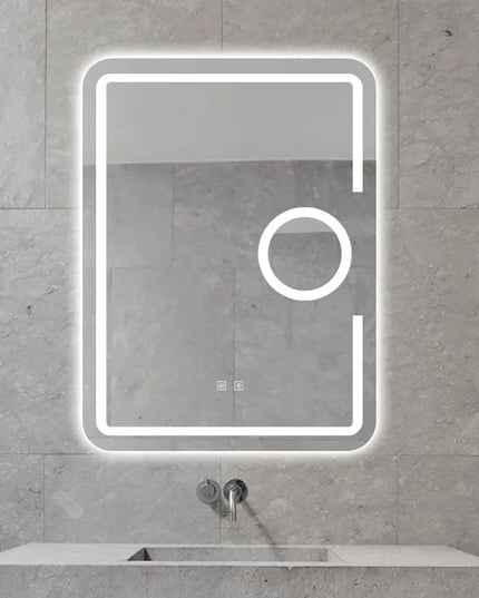 Oglindă baie LED 60x80 cm dreptunghiulară cu lupă cosmetică, 3 nuanțe de lumină, dezaburire și touch control J-1041