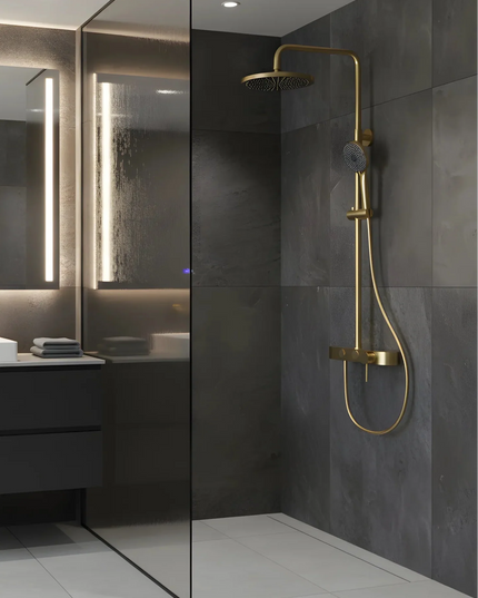 Set duș 2 funcții – finisaj auriu periat, design modern din oțel inoxidabil