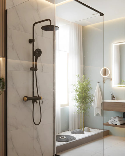 Set duș Royal Black & Gold – design modern cu cioc de cadă și comenzi texturate