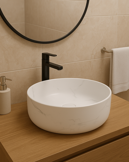 Lavoar Rotund Alb  din Ceramică cu Finisaj Marble Subtil - a712-cugo04-m