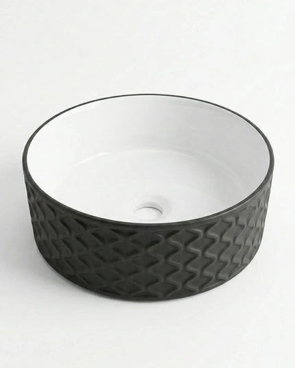 Lavoar rotund ceramic A787-CBKW-MRS – exterior negru texturat, interior alb lucios
