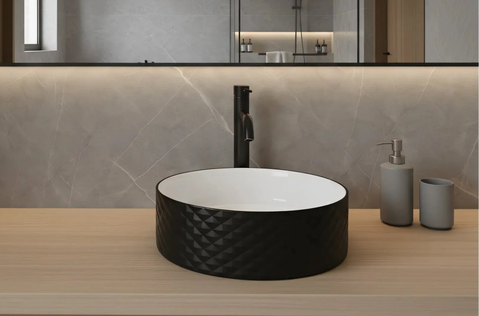 Lavoar rotund ceramic 787-CBKW-MRS – exterior negru texturat, interior alb lucios