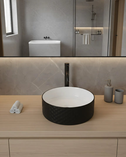 Lavoar rotund ceramic 787-CBKW-MRS – exterior negru texturat, interior alb lucios