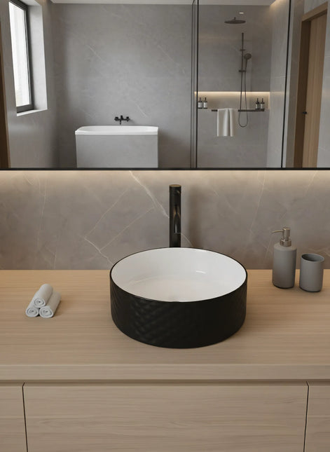 Lavoar rotund ceramic 787-CBKW-MRS – exterior negru texturat, interior alb lucios