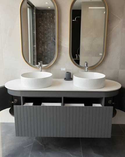 Set Mobilier baie suspendat dublu cu lavoare și oglinzi LED – Design modern, 150 cm