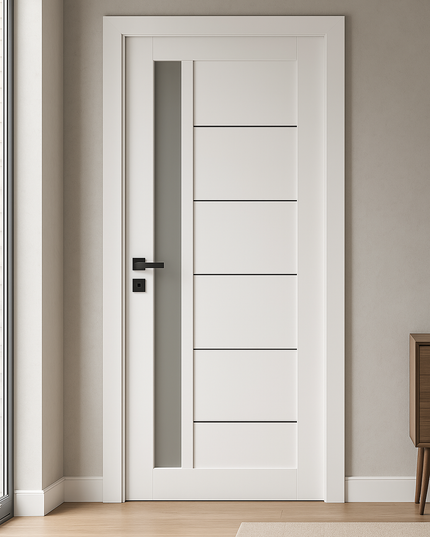 Ușă de interior albă JY-AS-016 cu toc reglabil și sticlă satinată – modernă, luminoasă, complet echipată