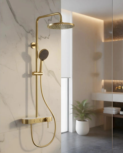 Set duș 2 funcții – finisaj auriu periat, design modern din oțel inoxidabil