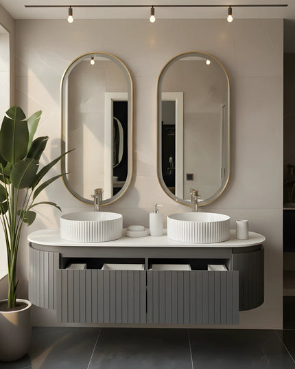 Set Mobilier baie suspendat dublu cu lavoare și oglinzi LED – Design modern, 150 cm