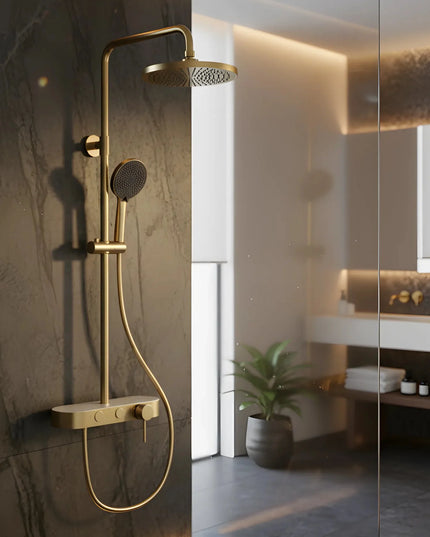 Set duș 2 funcții – finisaj auriu periat, design modern din oțel inoxidabil