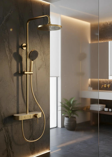 Set duș 2 funcții – finisaj auriu periat, design modern din oțel inoxidabil