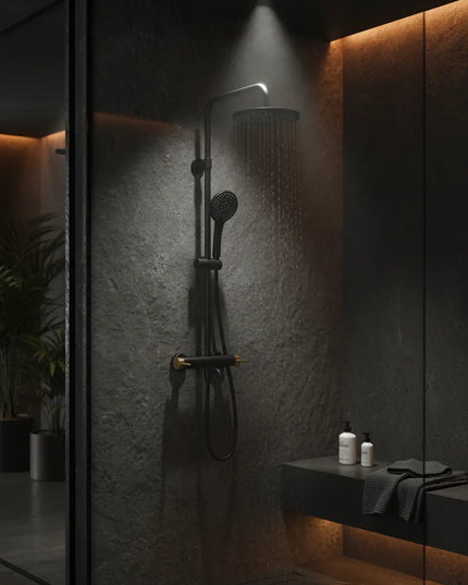 Set duș Royal Black & Gold – design modern cu cioc de cadă și comenzi texturate