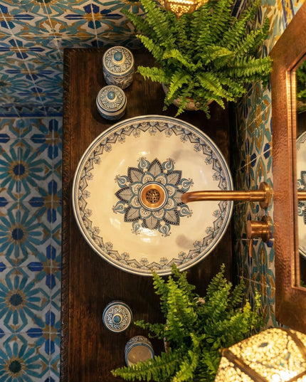 Lavoar ceramic rotund A435-D – design decorativ artistic albastru și alb lucios