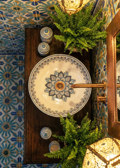 Lavoar ceramic rotund A435-D – design decorativ artistic albastru și alb lucios