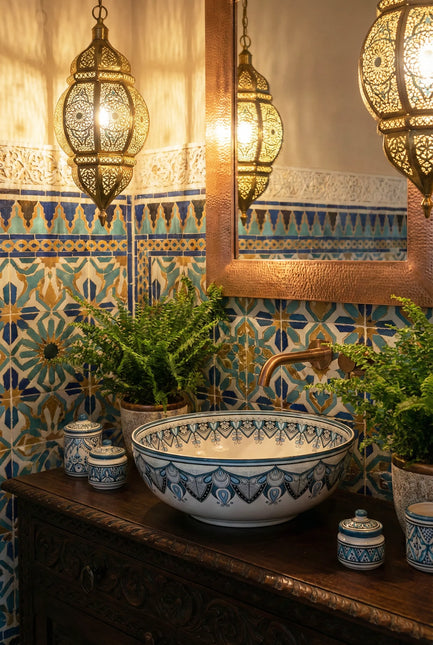 Lavoar ceramic rotund A435-D – design decorativ artistic albastru și alb lucios