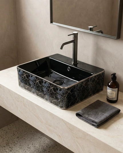 Lavoar ceramic dreptunghiular A449-KS264CBK – design modern alb și negru mat decorat