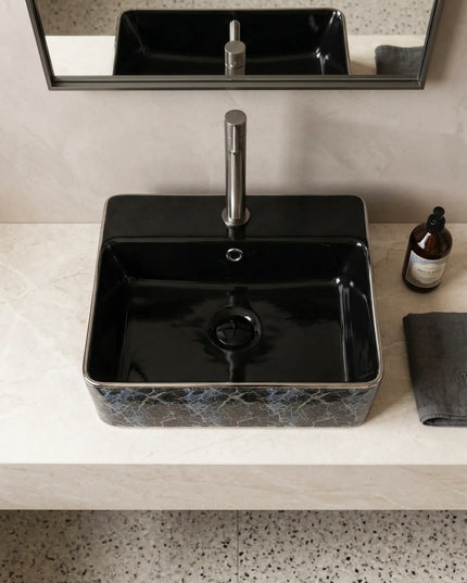 Lavoar ceramic dreptunghiular A449-KS264CBK – design modern alb și negru mat decorat