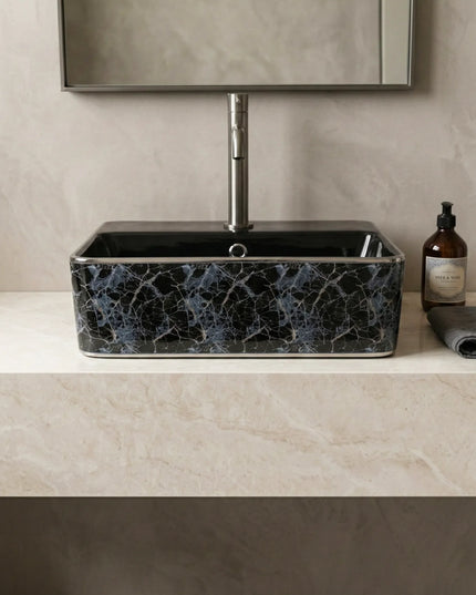 Lavoar ceramic dreptunghiular A449-KS264CBK – design modern alb și negru mat decorat