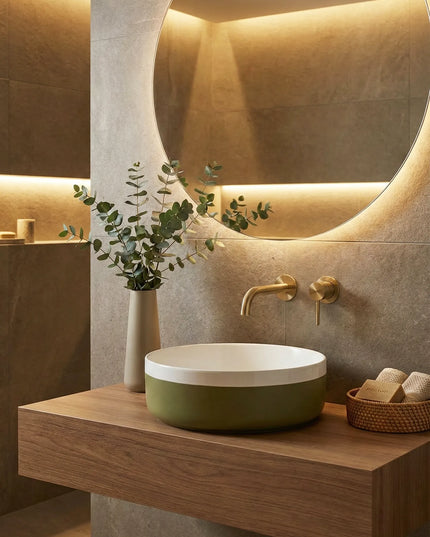 Lavoar ceramic rotund A524B-CA12M – design modern alb mat și verde deschis mat