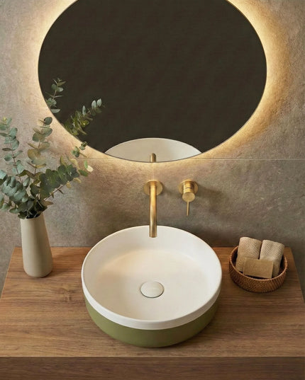 Lavoar ceramic rotund A524B-CA12M – design modern alb mat și verde deschis mat