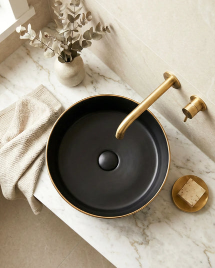 Lavoar ceramic rotund A524B-CBKLG-M – design elegant negru mat cu linie aurie