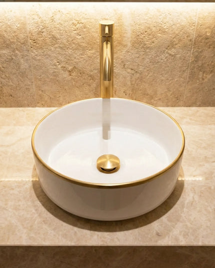 Lavoar ceramic rotund A524B-CWLG-M – design elegant alb mat cu linie aurie