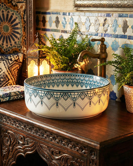 Lavoar ceramic rotund A524B-D – design decorativ albastru și alb lucios