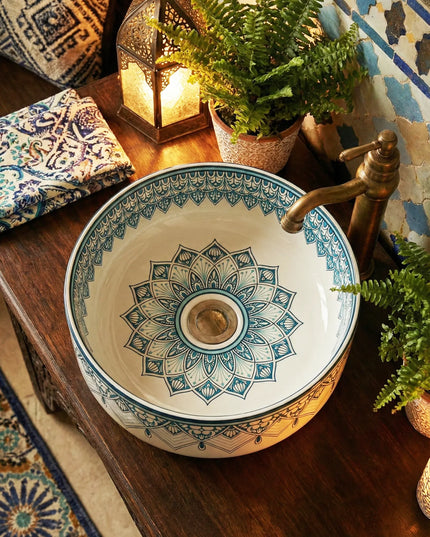 Lavoar ceramic rotund A524B-D – design decorativ albastru și alb lucios