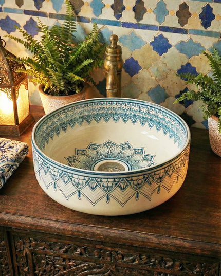Lavoar ceramic rotund A524B-D – design decorativ albastru și alb lucios